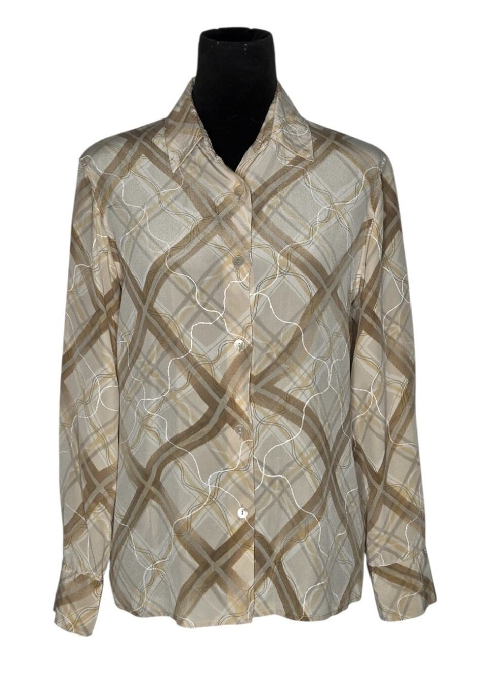 Zanella Italy Silk Old Money Geometric Plaid Career Blouse Womens Sz 8